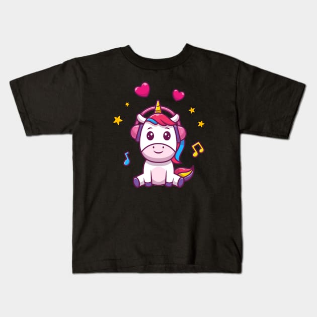 Cute unicorn listen music cartoon Kids T-Shirt by Catalyst Labs